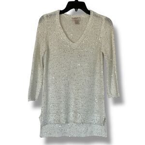 Loft Outlet Sequin 3/4 Sleeve White Lightweight Tunic  Sweater SP